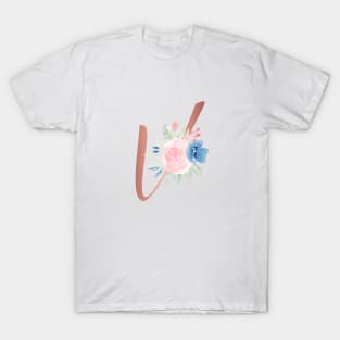 Letter V Rose Gold and Watercolor Blush Pink and Navy T-Shirt